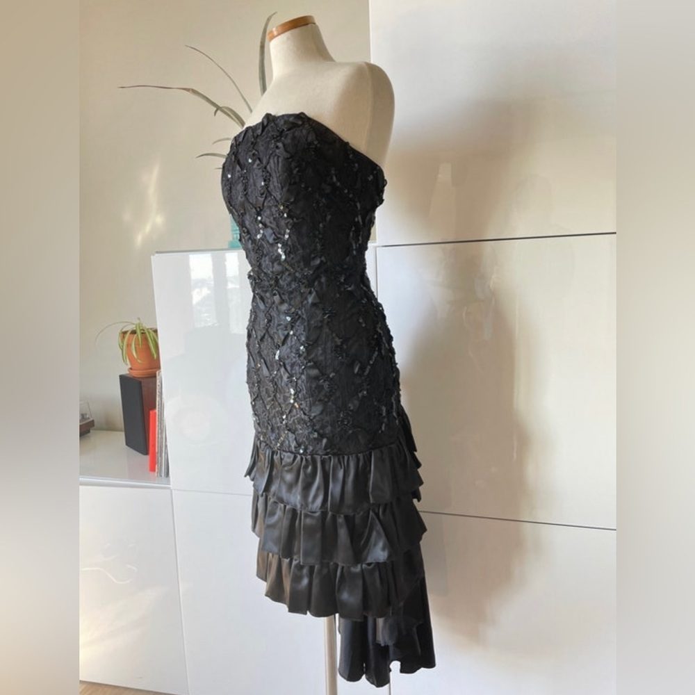 1980s Vintage Black Sequins and Satin Formal Cocktail Dress